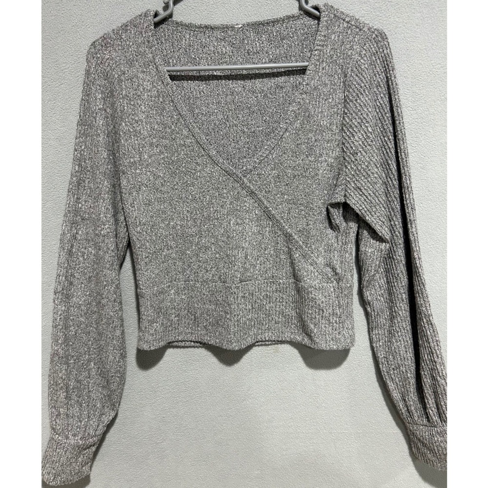 Gray Faux Wrap Sweater Women Long Sleeve Cropped Minimalist Soft Ribbed Cozy